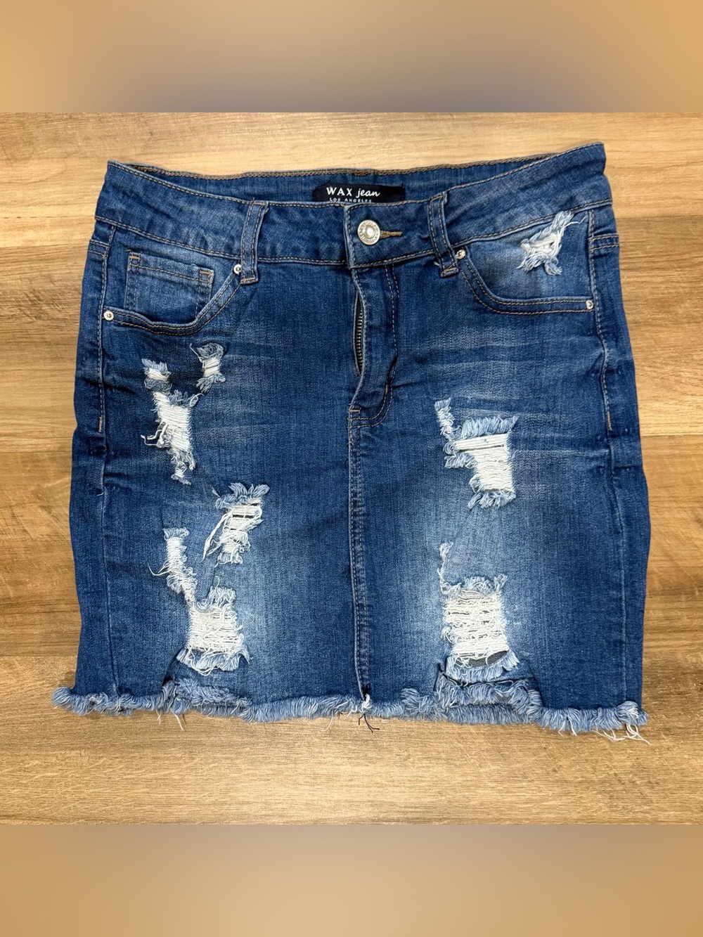 Wax Jean Blue Distressed Denim Mini Skirt